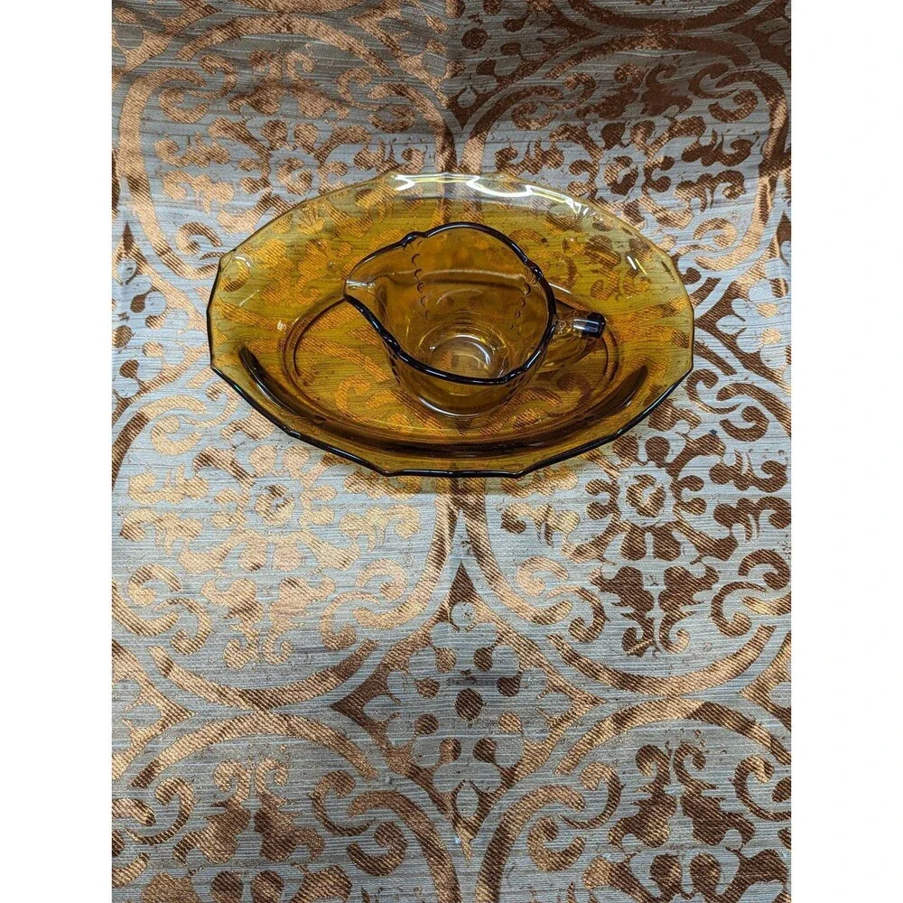 Vintage Amber Pressed Glass Creamer‎ and Tea Platter Tray Serving Dish Plate